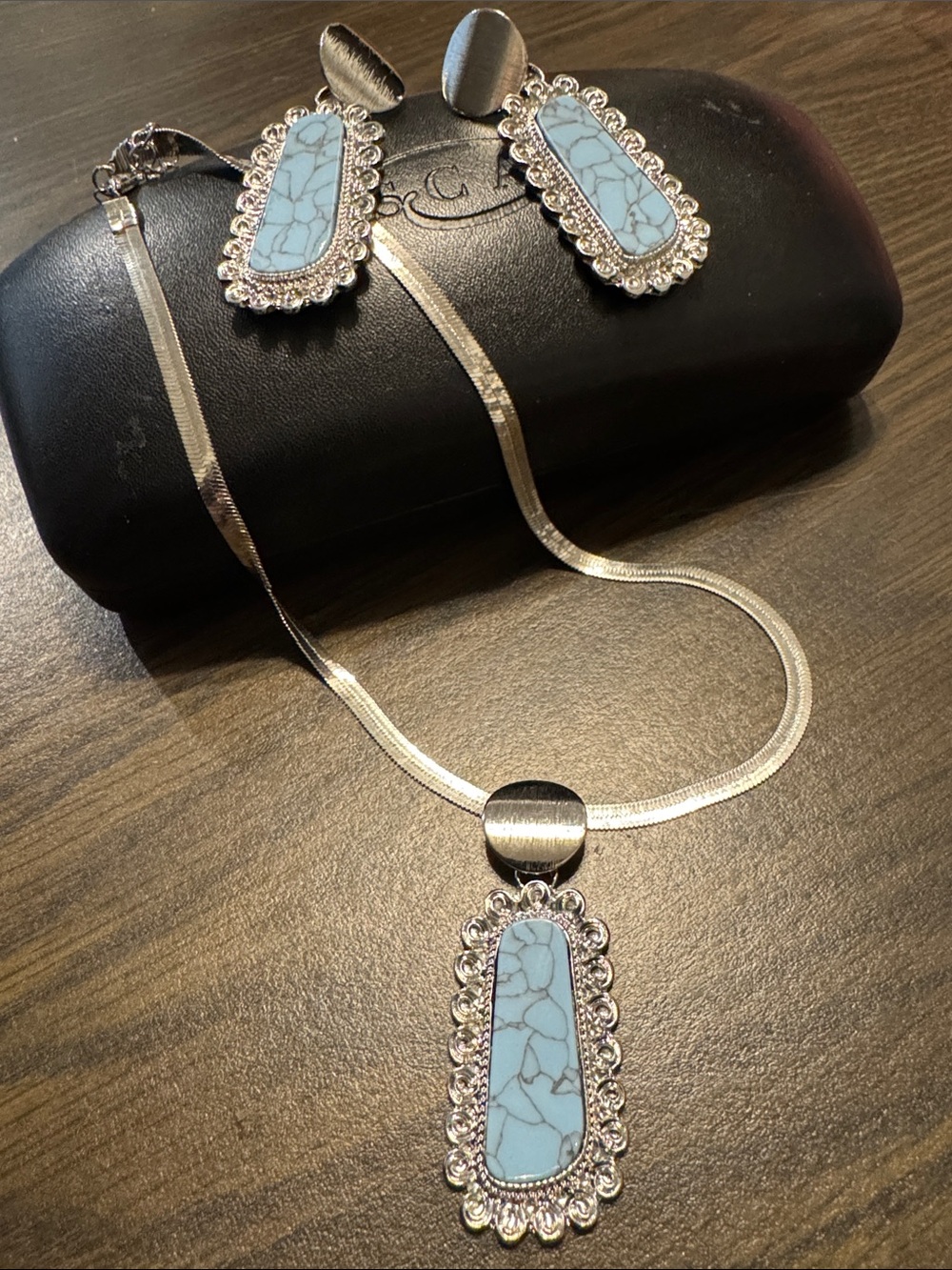 Turquoise Marbled Pendant Necklace & Earrings Set - Women Jewelry